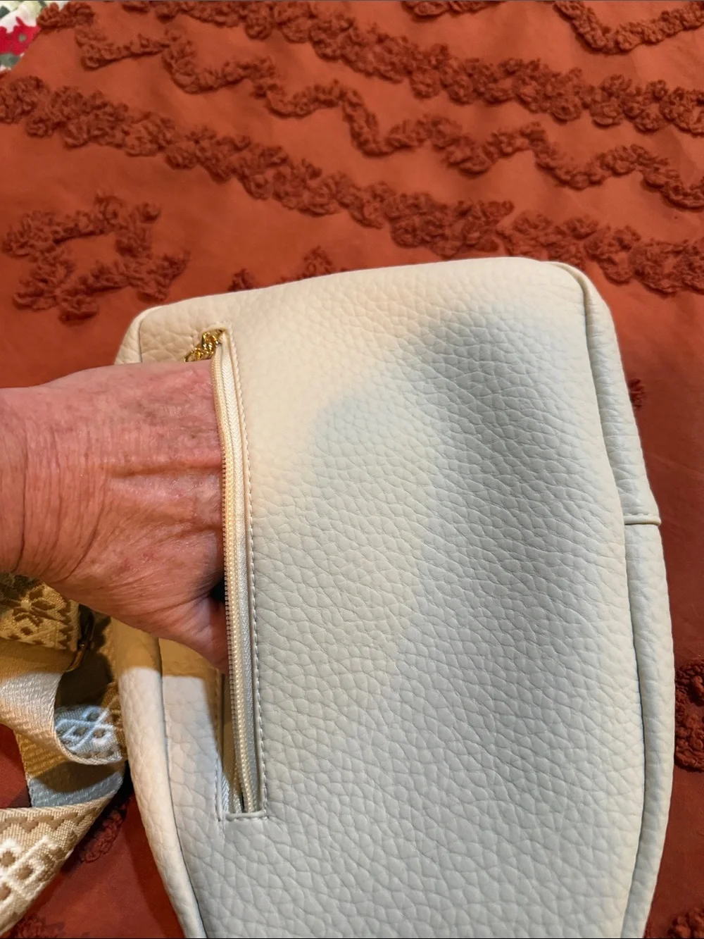 White Leather Crossbody Sling Bag with Patterned Strap